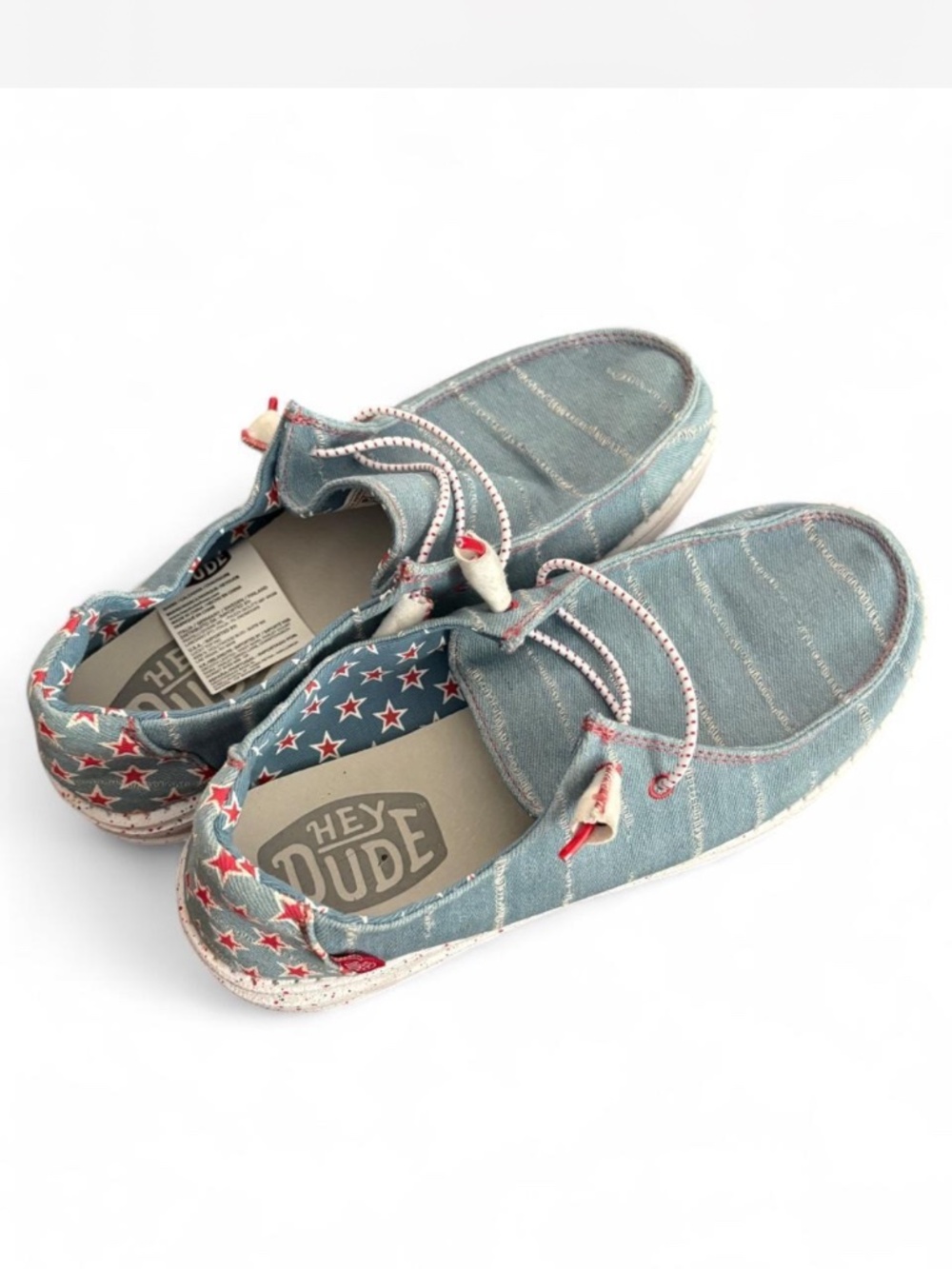 Hey Dude Wendy Patriotic Denim Blue Red White Star Loafers Shoes Women’s Size 9